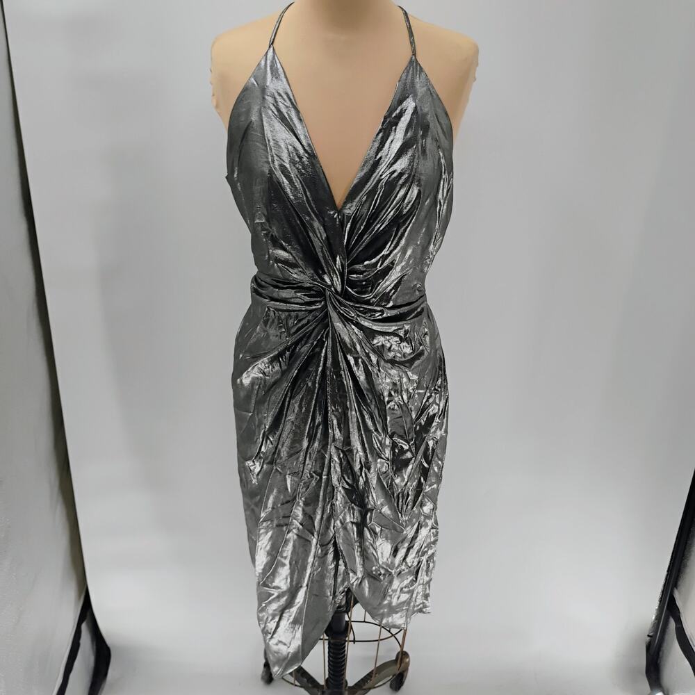 Sheike V-Cut Silver Bodycon Twist Knot‎ Waistline Mini Dress Women's 8 metallic